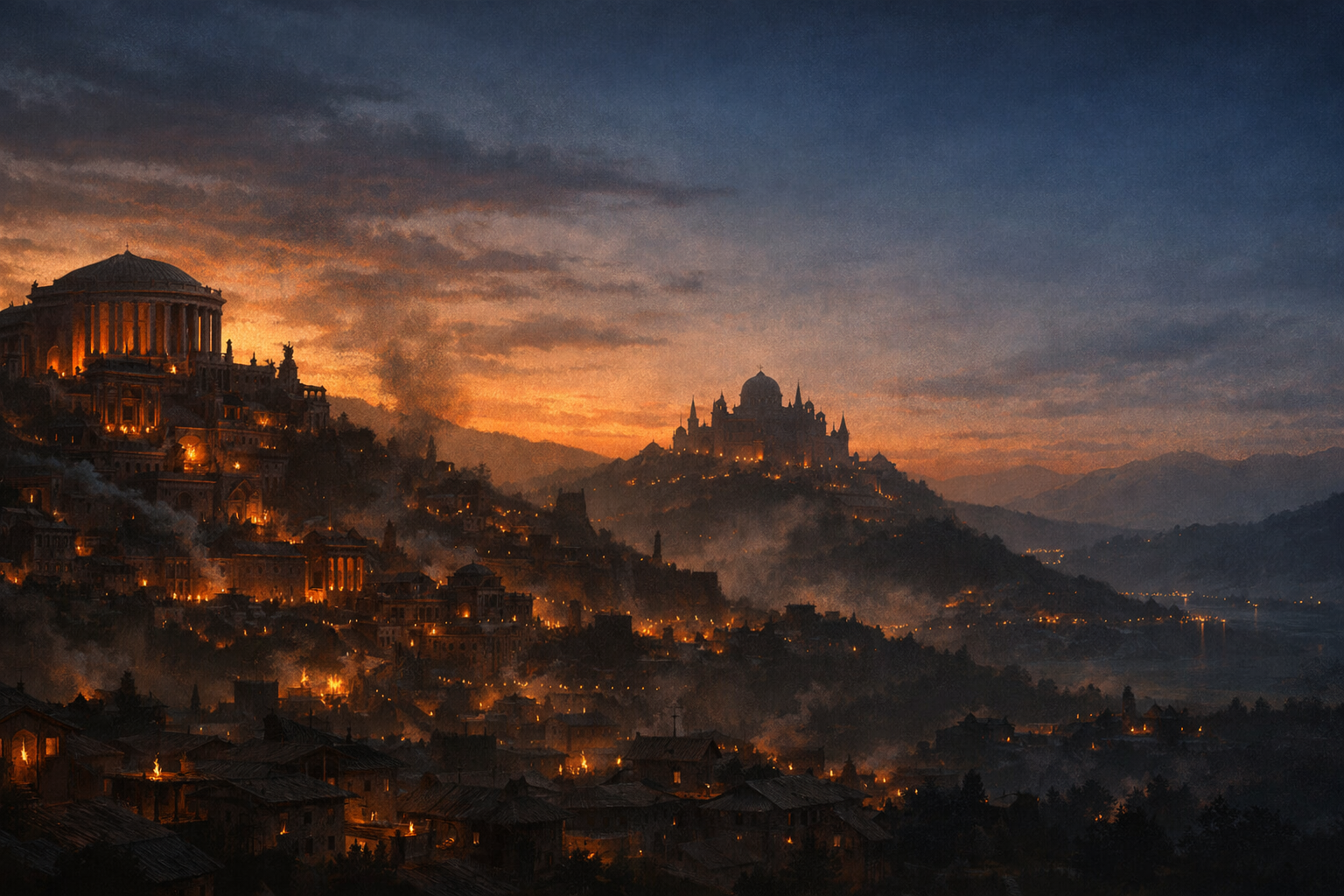 Hero concept: torchlit Aurelia skyline at dusk.